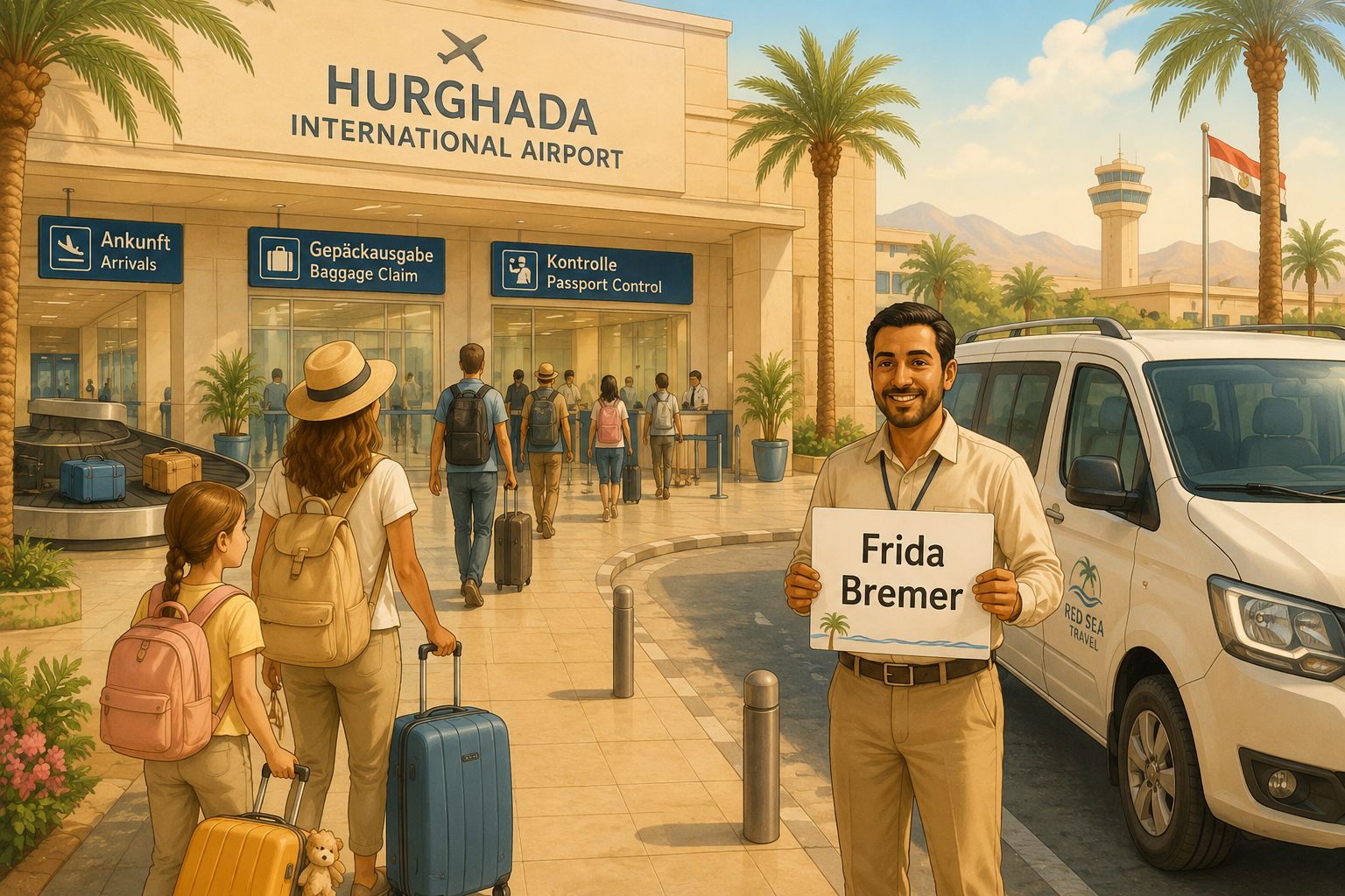 Ankunft in Hurghada mit Fahrer vor dem Flughafen