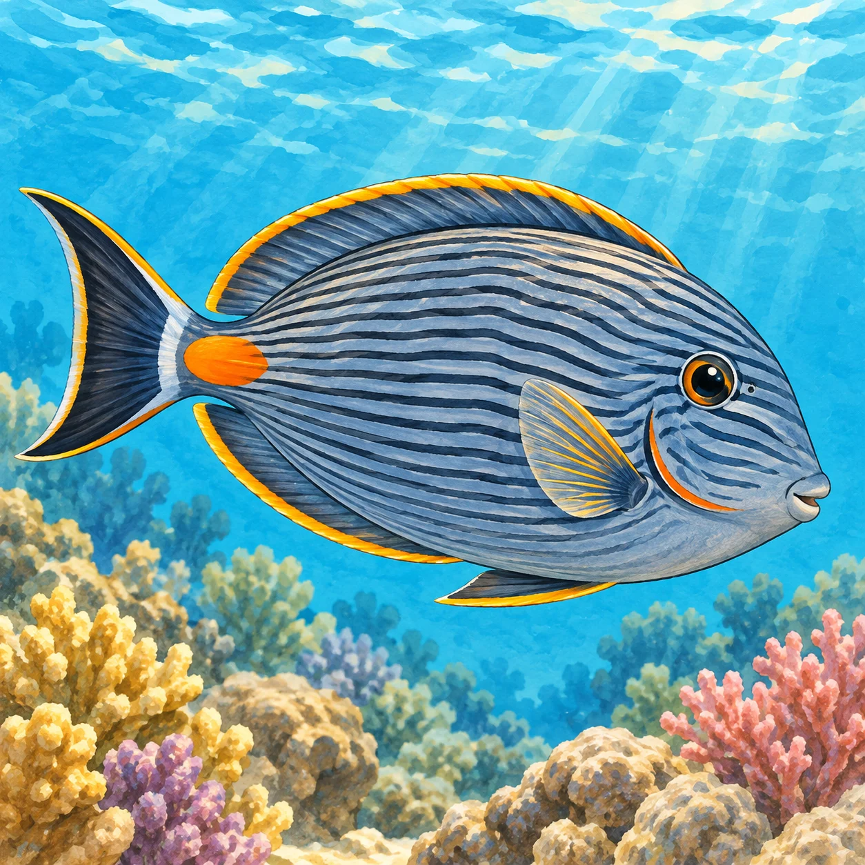 Blau gestreifter Fisch mit orangefarbenem Fleck am Schwanz