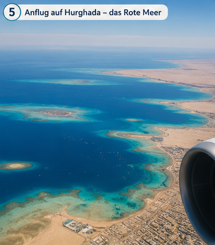 Anflug auf Hurghada mit Rotem Meer