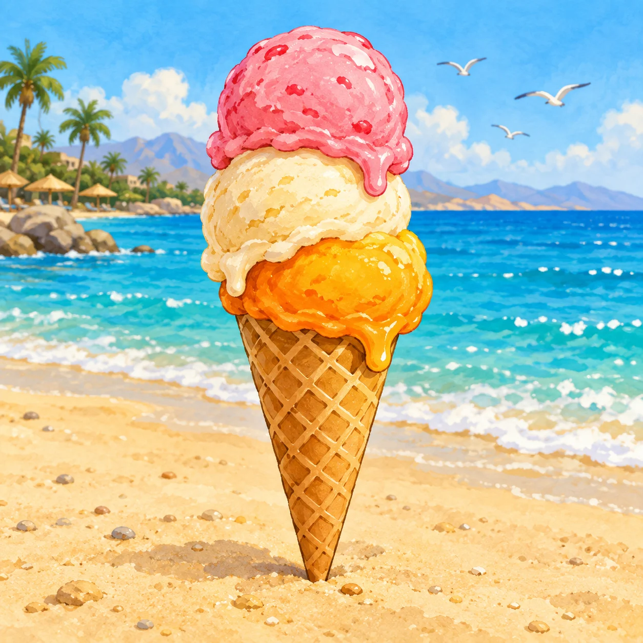 Illustriertes Eis mit drei Kugeln am Meer