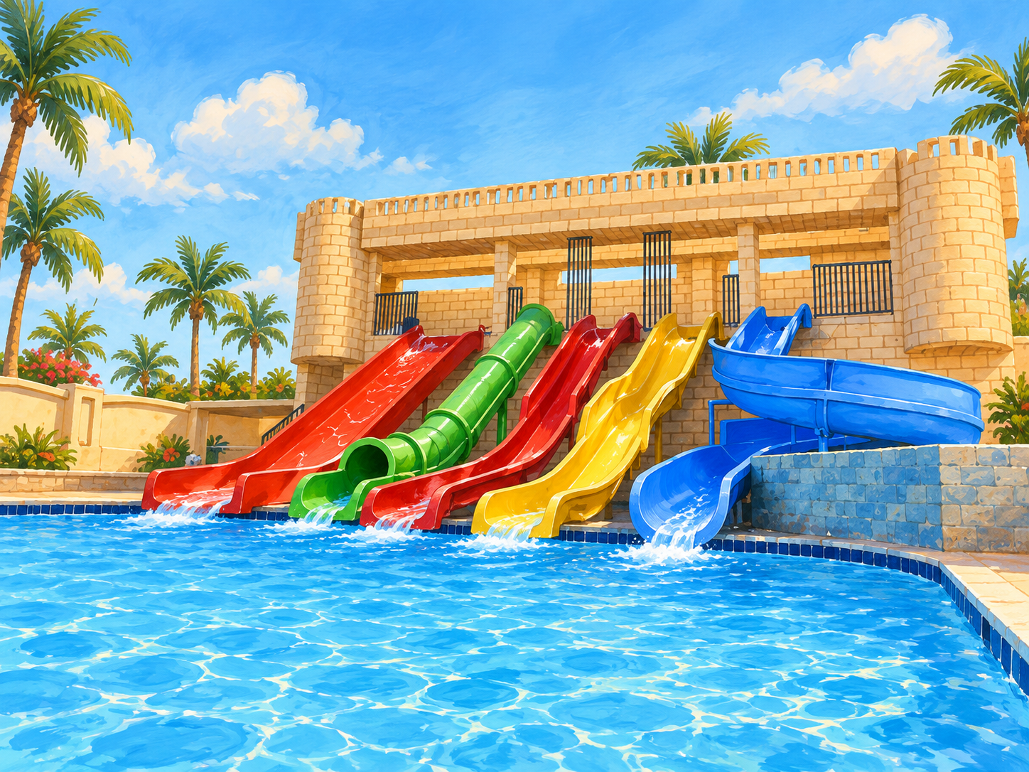 Buchstil-Illustration des Kinderbereichs mit roten, grünen, gelben und blauen Wasserrutschen