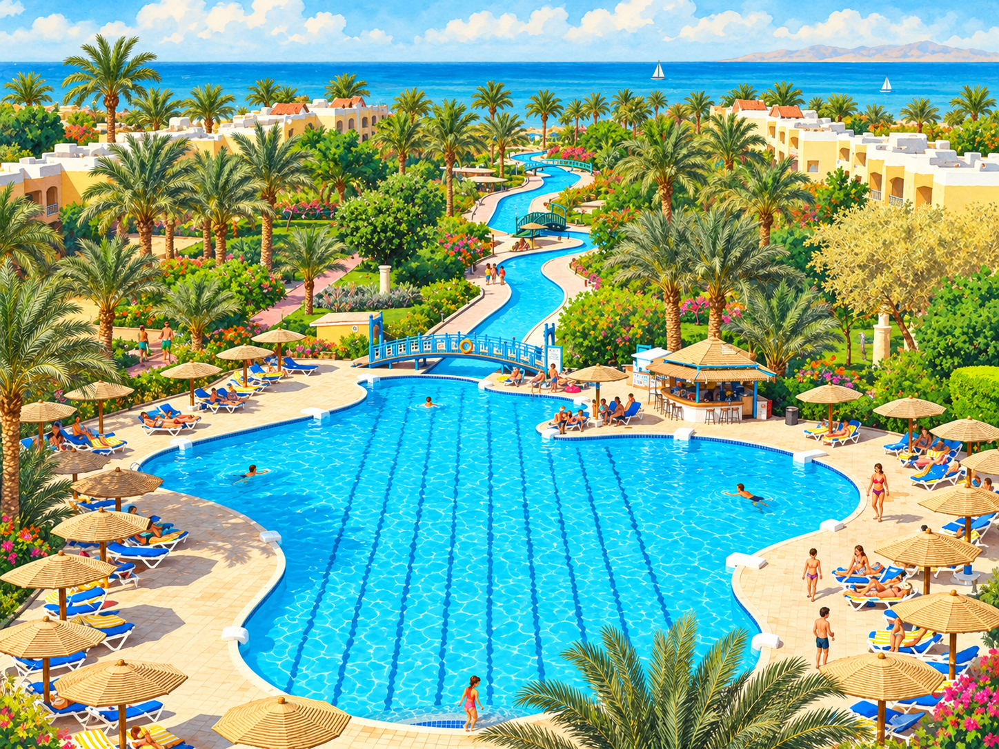 Blick über den großen Pool bis zum Roten Meer