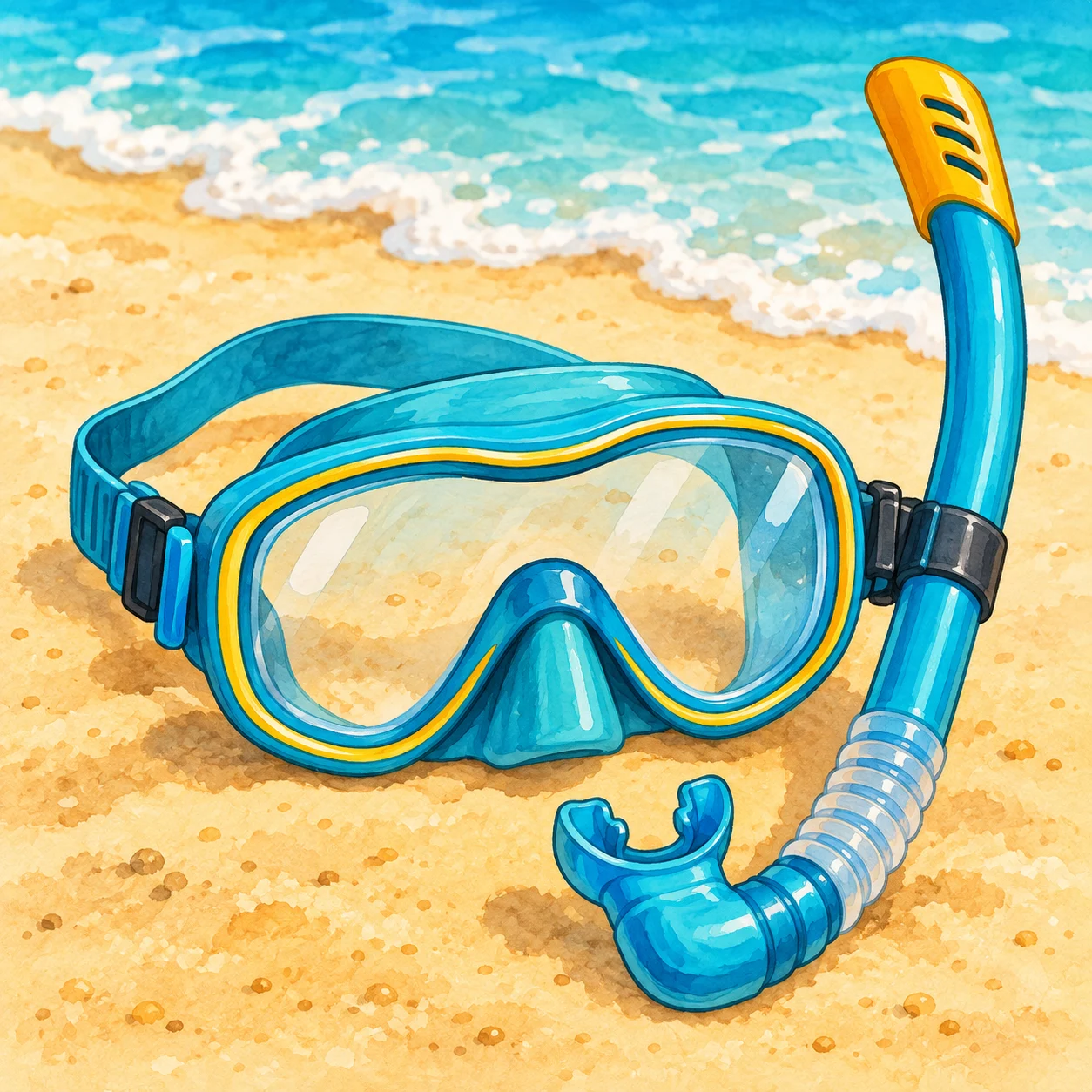 Illustrierte Taucherbrille mit Schnorchel am Strand