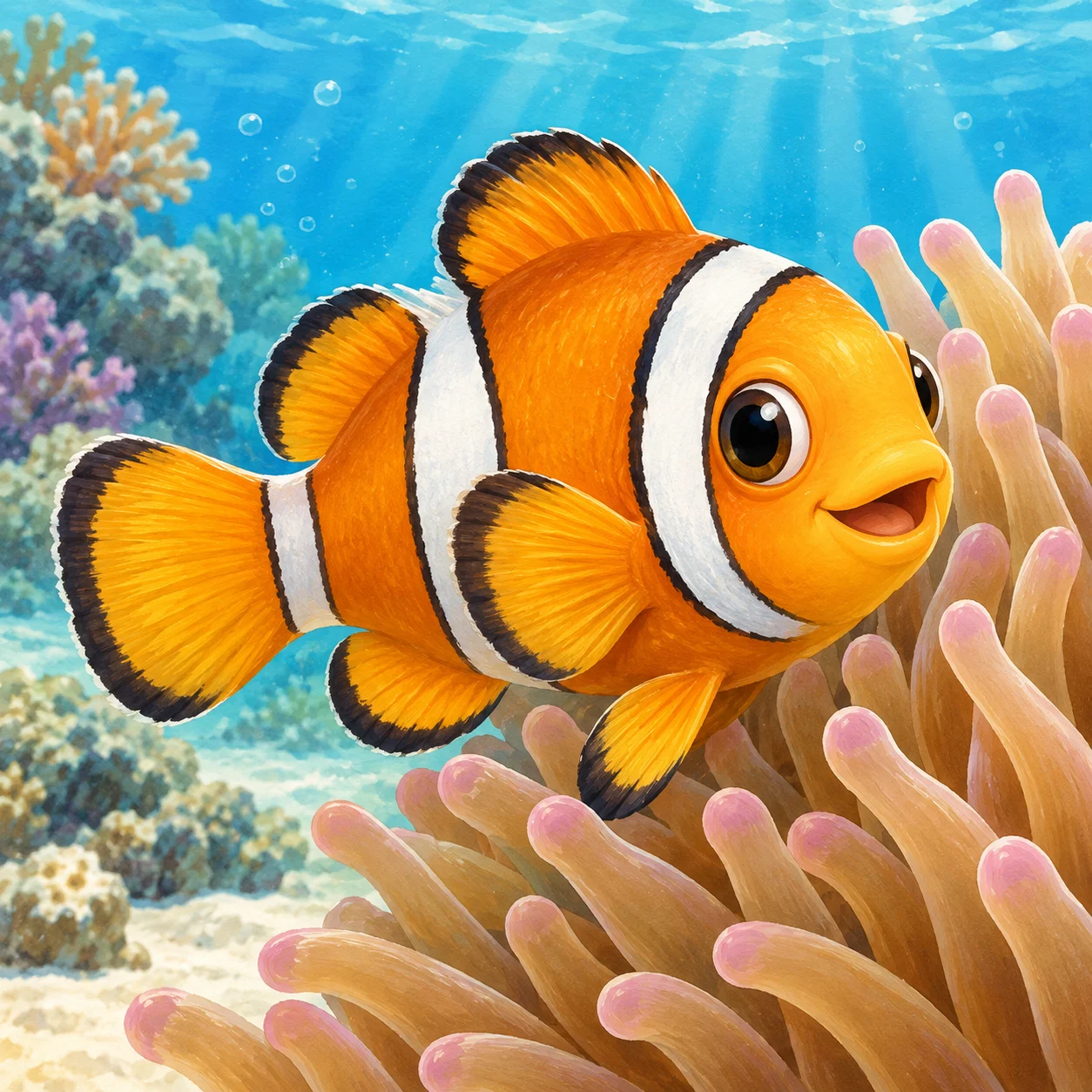 Orangefarbener Fisch zwischen Anemonen